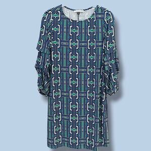 Tash + Sophie Green Geometric Link Print Ruched Sleeve Shift Dress Small NWT